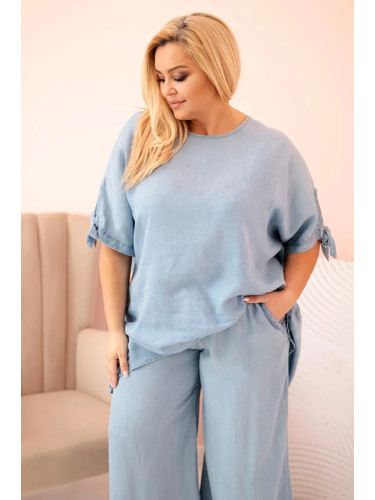 Kesi Włoski Plus Size women's set made of Tencel, tie-front blouse and wide-leg pants light denim