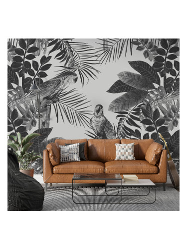 Фототапет с тропически папагали и листа в черно-бяла гама