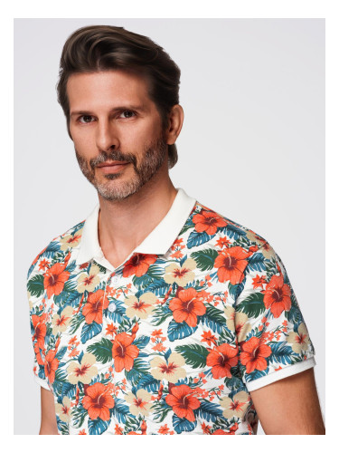 Ombre Cotton polo shirt with floral print - white