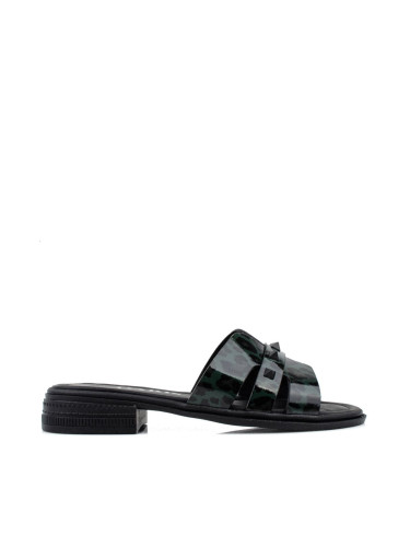 Дамски кожени чехли в тъмнозелено и черно w556