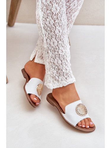 Lewski Shoes Кожени Сандали С Декорация На Плосък Ток Бели Zazoo