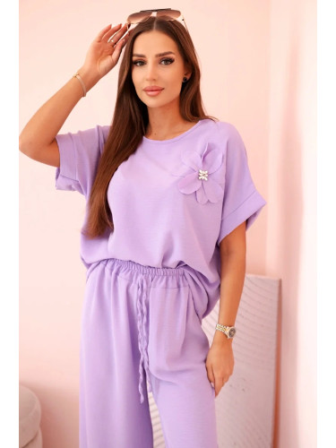 Kesi Włoski Women's viscose set with decorative flower and wide trousers - fuchsia light purple