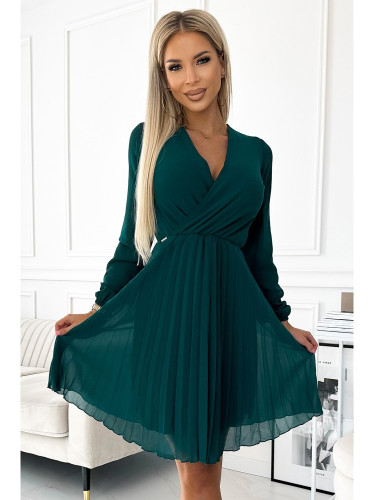 Плисирана рокля с дълъг ръкав в тъмнозелено 313-14