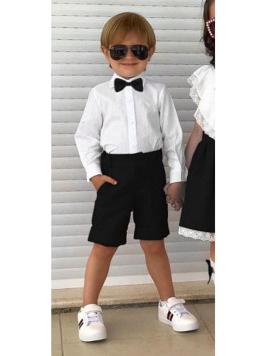 Комплект от риза в бяло с дълъг ръкав, къси панталони и папийонка в ч