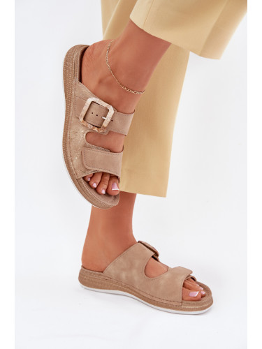 Дамски Сандали С Катарама И Велкро Бежови INBLU