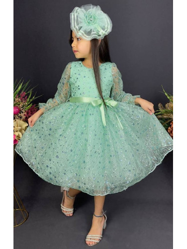 Официална детска рокля с ръкав Сабрина - от тюл и дантела с блясък и ф