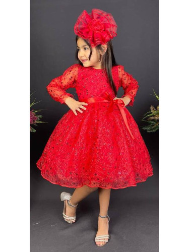 Официална детска рокля с ръкав Сабрина - от тюл и дантела с блясък и ф