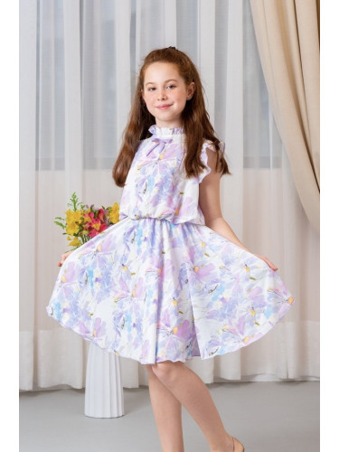 Официална/ежедневна детска рокля с къс къдрав ръкав в бяло на лилави ц
