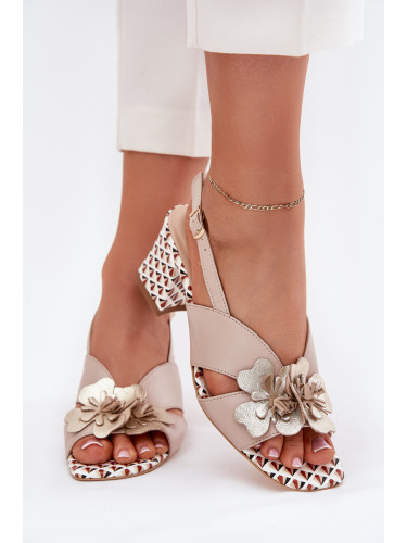 Laura Messi Кожени Дамски Сандали На Ток С Цветя Бежови Лаура Меси 2950