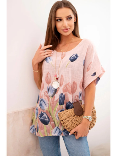 Kesi Włoski Women's cotton shirt with a floral pattern powder pink