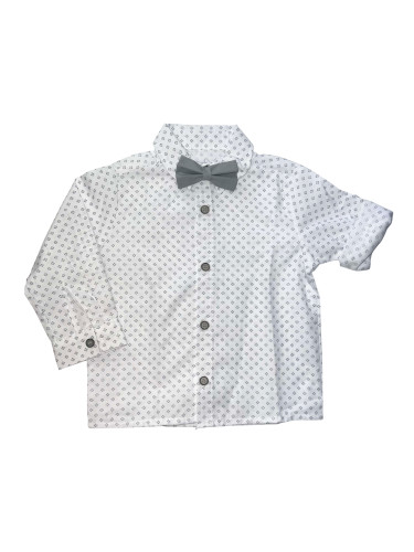  Детска риза с дълъг ръкав за момче в бяло на орнаменти и сива папийон