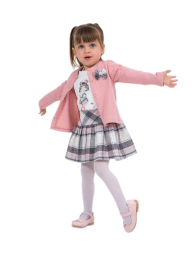 Комплект за момиче от 3 части - жилетка в розово, бяла блуза с дълъг 