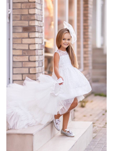 Официална детска рокля в бяло с шлейф на харбали Василиса с аксесоар з