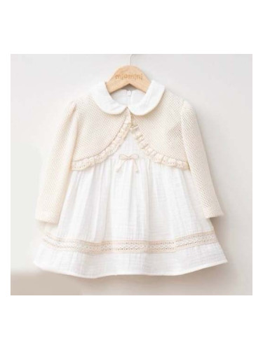 Детска рокля с къс ръкав в екрю със златисти елементи и жилетка в злат