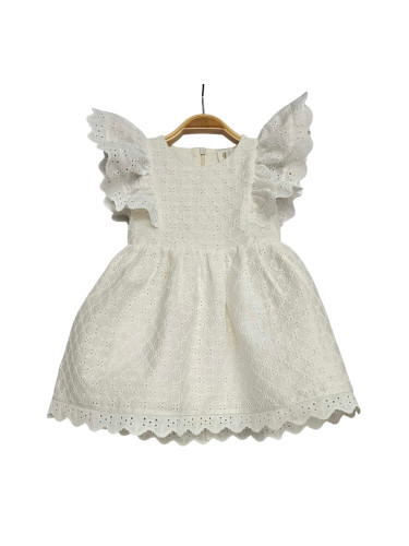 Луксозна бебешка рокля с къс ефирен ръкав в екрю с дантела и красива п