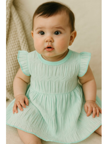 Бебешка рокля с къс ръкав в тюркоаз/мента с набор и къдрички