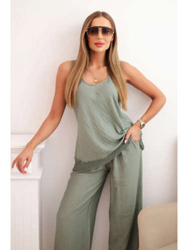 Kesi Włoski Women's set made of viscose, top with wide straps and wide-leg pants khaki
