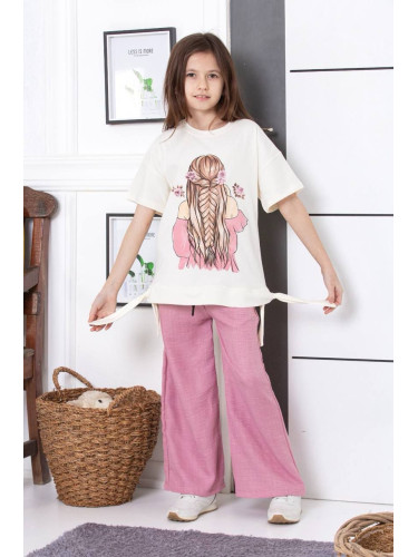 Комплект за момиче от 2 части - блуза с къс ръкав в екрю и картинка на