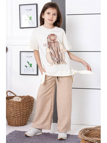 Комплект за момиче от 2 части - блуза с къс ръкав в екрю и картинка на