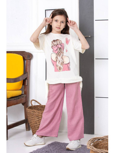 Комплект за момиче от 2 части - блуза с къс ръкав в екрю и картинка на