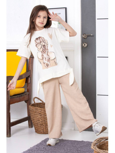 Комплект за момиче от 2 части - блуза с къс ръкав в екрю и картинка на