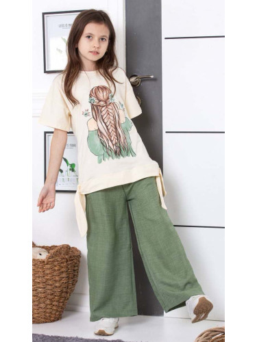 Комплект за момиче от 2 части - блуза с къс ръкав в екрю и картинка на