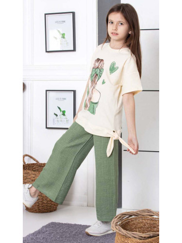 Комплект за момиче от 2 части - блуза с къс ръкав в екрю и картинка на