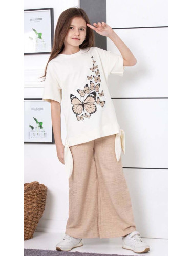 Комплект за момиче от 2 части - блуза с къс ръкав в екрю с пеперуди и 