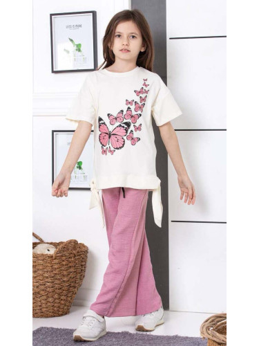 Комплект за момиче от 2 части - блуза с къс ръкав в екрю с пеперуди и 