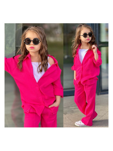 Комплект за момиче от 3 части в циклама - релефна риза и панталон с по