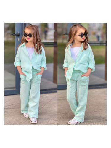 Комплект за момиче от 3 части в тюркоаз/мента - релефна риза и пантало