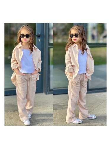 Комплект за момиче от 3 части в бежово - релефна риза и панталон с пот