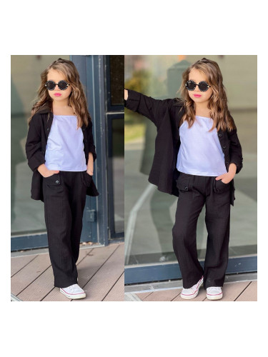 Комплект за момиче от 3 части в черно - релефна риза и панталон с потн