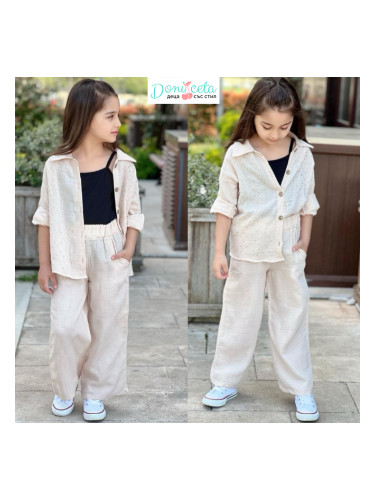 Комплект за момиче от 3 части в бежово - релефна риза с камъни и панта