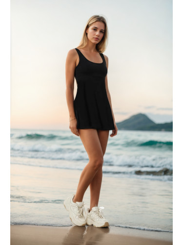 58126 Dewberry Womens Lycra With Dress Shorts Swimsuit-BLACK