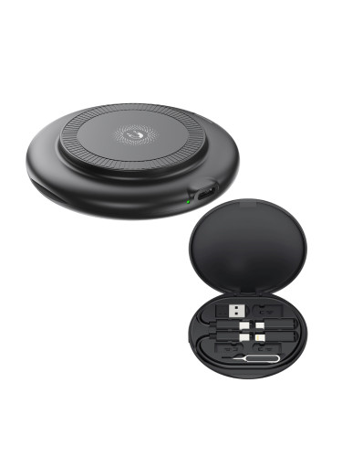 Безжично индуктивно зарядно устройство XO CX031 15W с кабел USB-C - USB-C и комплект адаптери, Черно