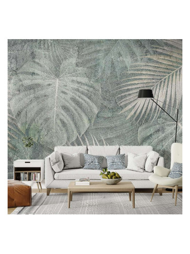 Фототапет Тропически листа в текстура бетон