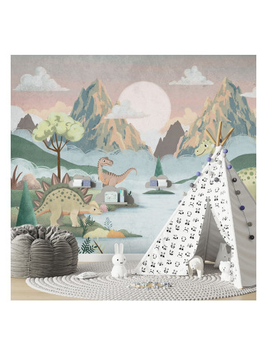 Детски фототапет с динозаври в приказен пейзаж