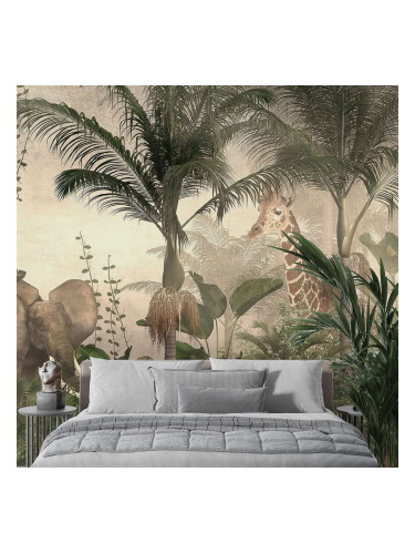 Фототапет с джунгла, слон и жираф в тропически стил