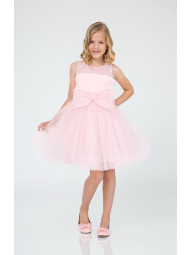 Официална детска рокля Данелия от органза в цвят пудра с голяма панд
