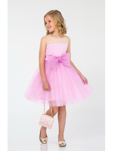Официална детска рокля Данелия от органза в лилаво с голяма панделка