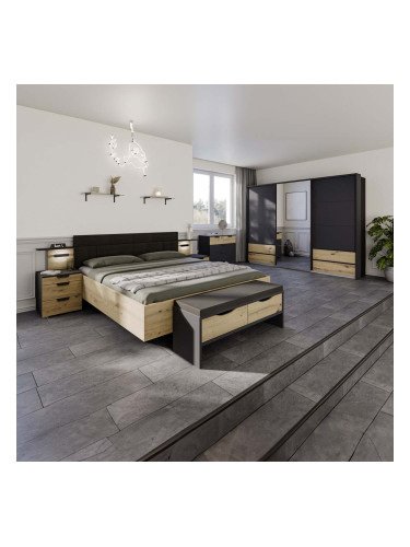 КАРПО ЛЕГЛО ЗА МАТРАК 160/200СМ С ТАПИЦИРАНА ТАБЛА БАЗАЛТОВА КОЖА СИВ МЕТАЛИК И ДЪБ АРТИСАН 