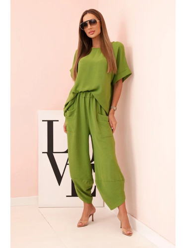 Kesi Włoski Set made of viscose blouse + trousers olive