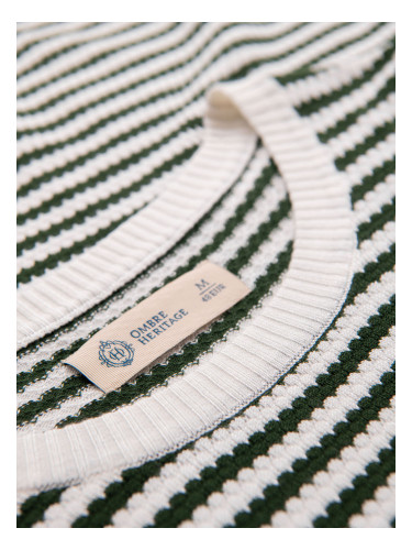 Ombre Men's knitted t-shirt with navy stripes and openwork weave - olive and white