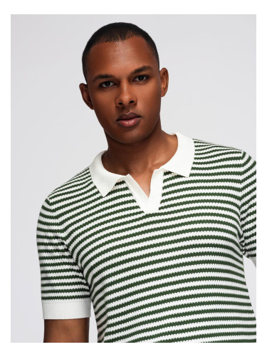 Ombre Men's knitted buttonless polo shirt with navy stripes - white and olive