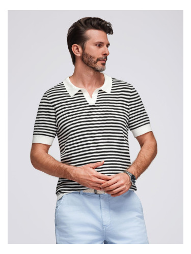 Ombre Men's knitted buttonless polo shirt with navy stripes - black and white