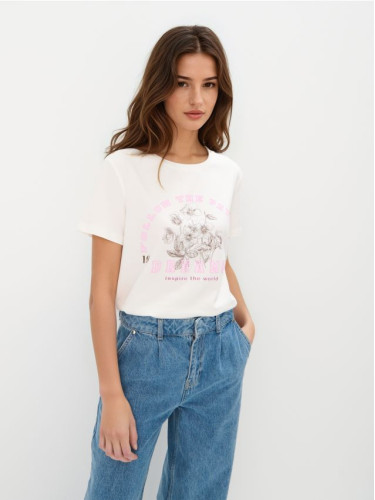 Mohito - Тениска с щампа - кремaво