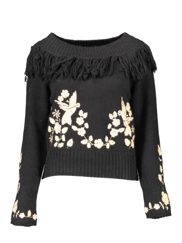 Черен дамски пуловер с декоративни пискюли