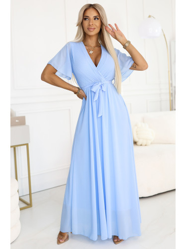 545-2 Long dress with pleated neckline and tie - light blue