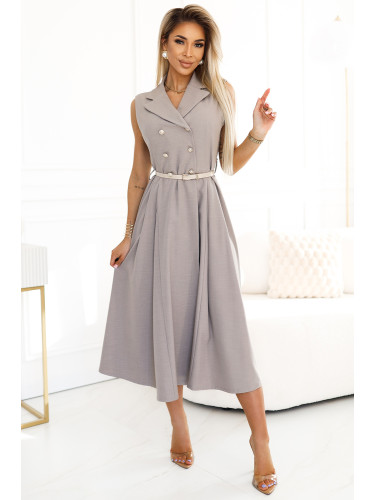 596-2 Elegant midi shirt dress with gold buttons and belt - gray beige